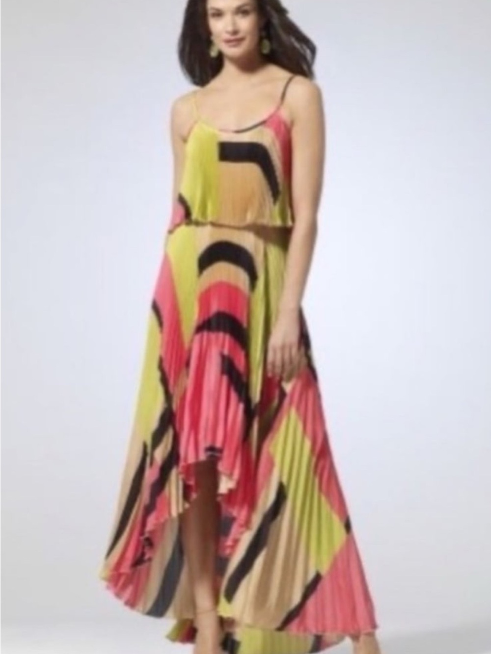 Cache Pink, Lime and Black High-Low Pleated Maxi Dress